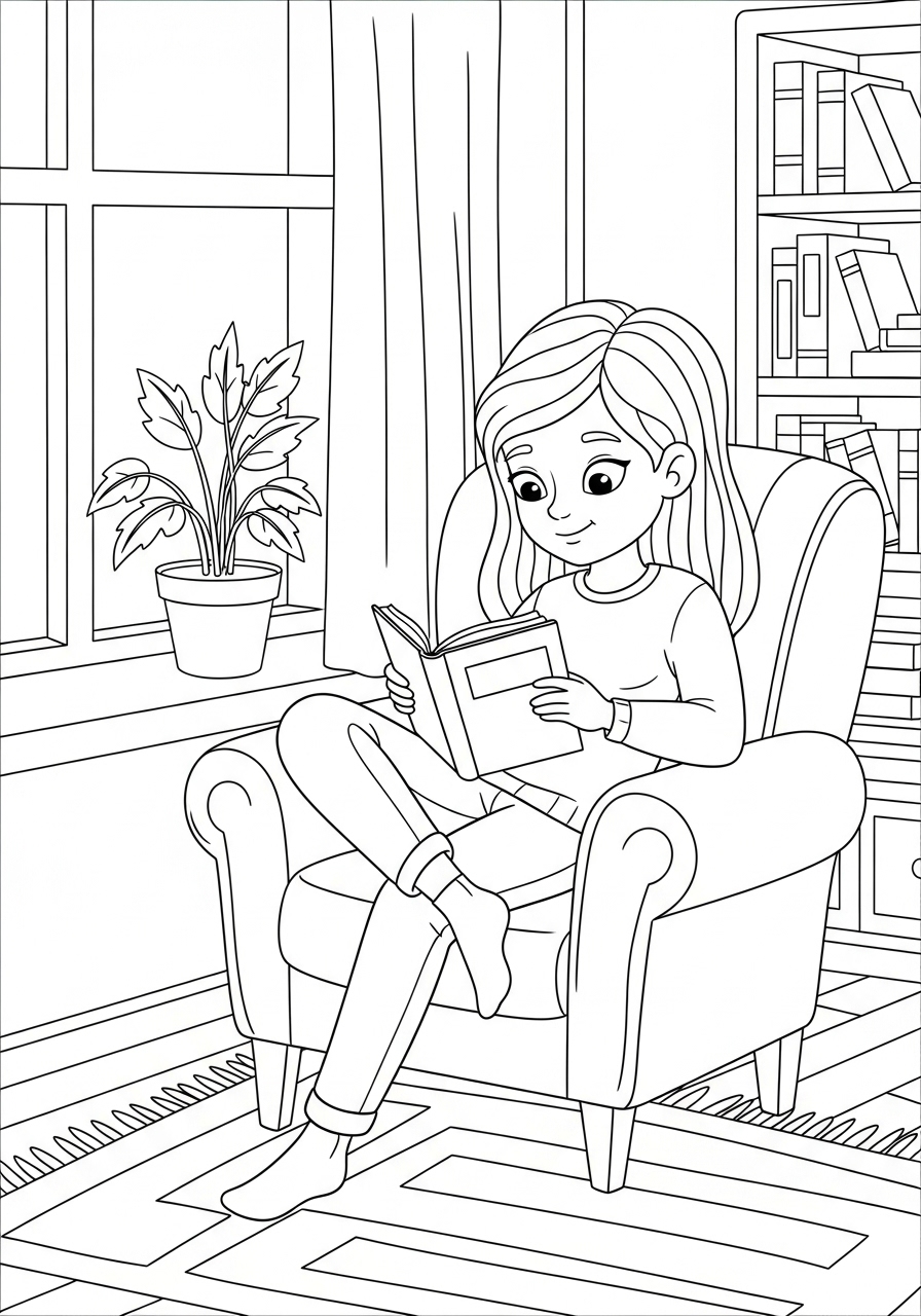 Desenho de Menina lendo um livro sentada na cadeira para colorir