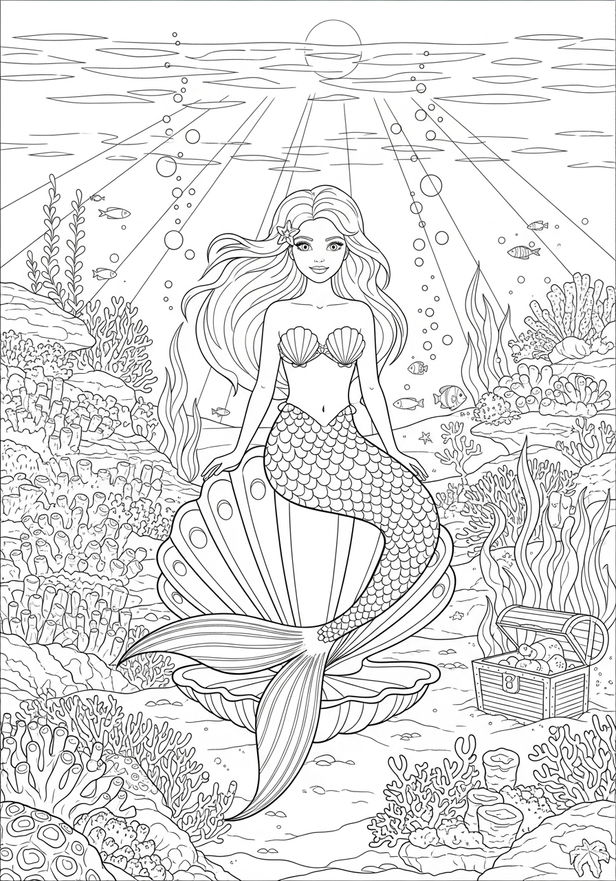 Desenho de Menina sereia em concha submersa para colorir
