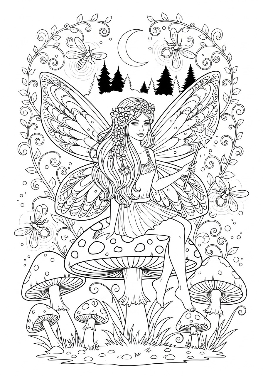 Desenho de Menina fada sentada em cogumelo para colorir