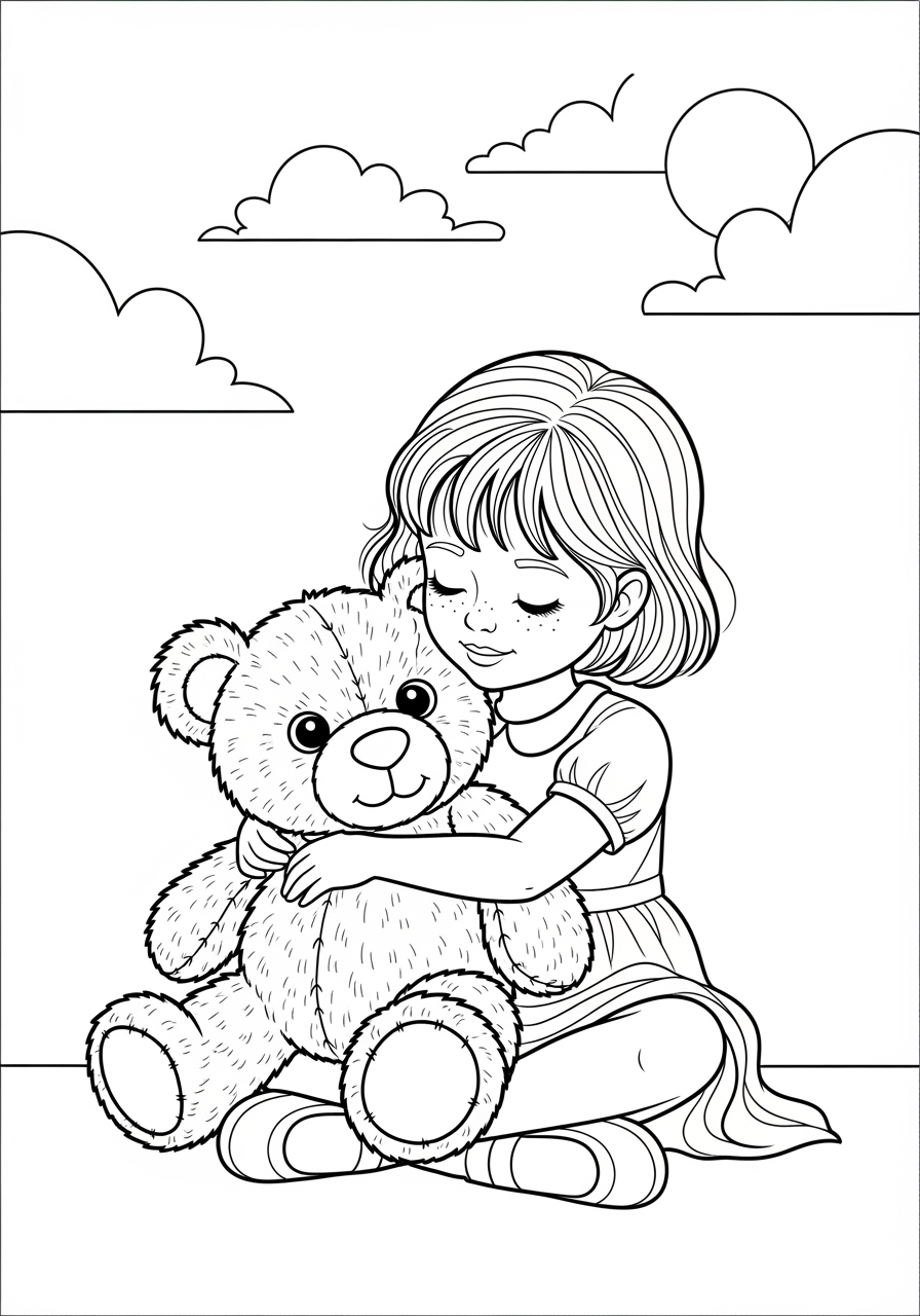 Desenho de Menina abraçando boneco de pelúcia para colorir