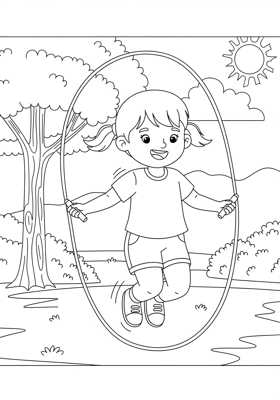 Desenho de Menina pulando corda em um parque para colorir