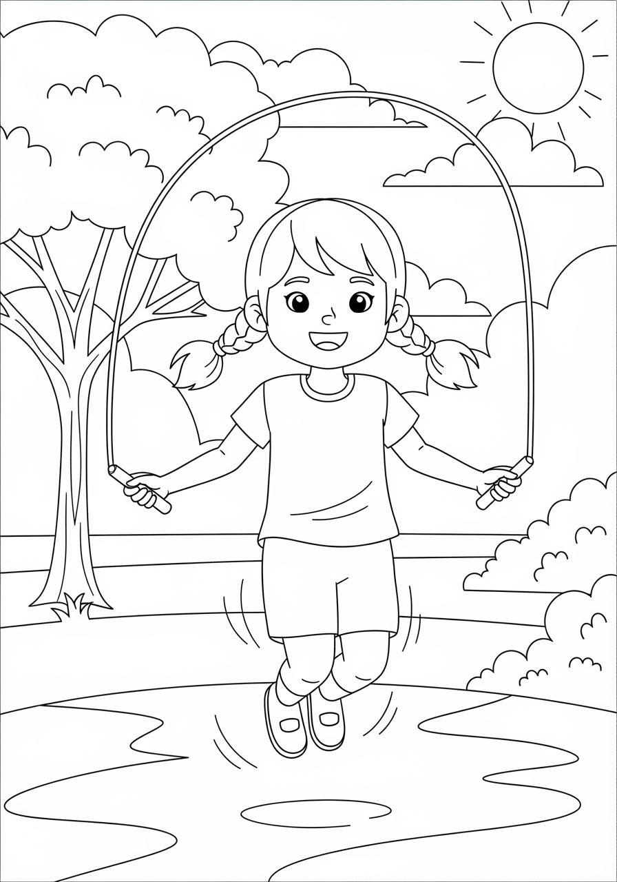 Desenho de Menina pulando corda no parque para colorir