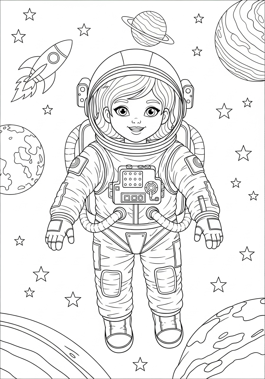 Desenho de Menina astronauta no espaço para colorir