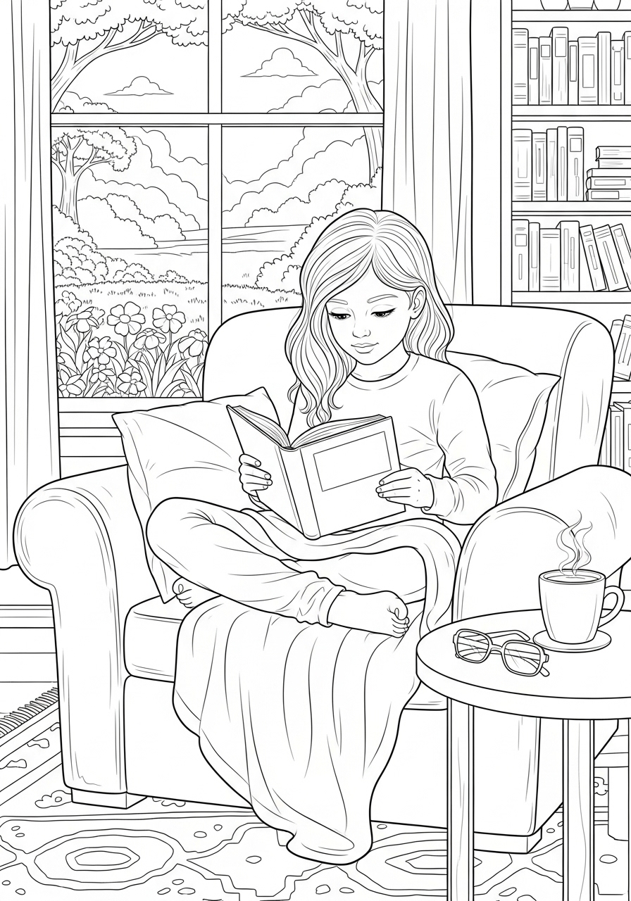 Desenho de Menina lendo um livro no sofá para colorir