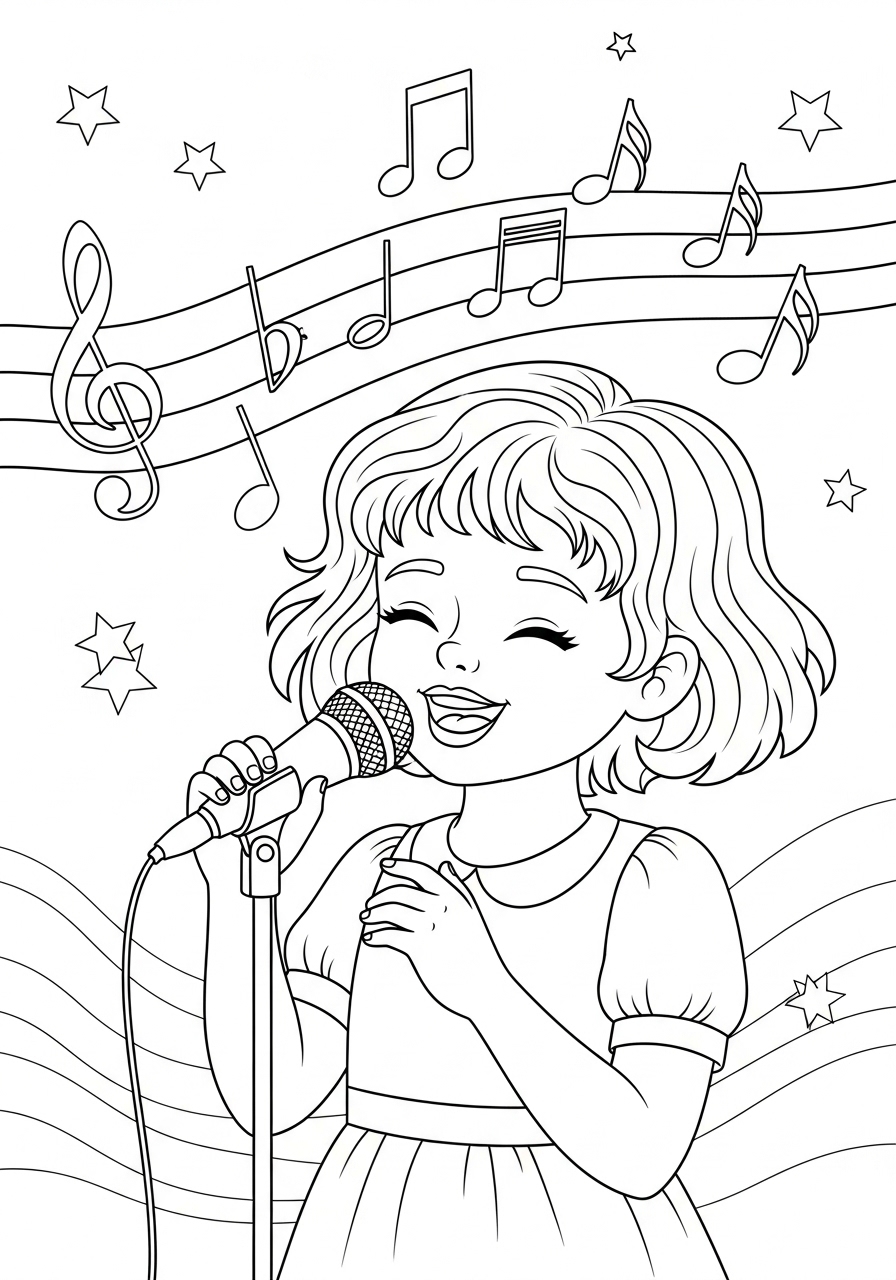 Desenho de Menina cantando com microfone e notas musicais