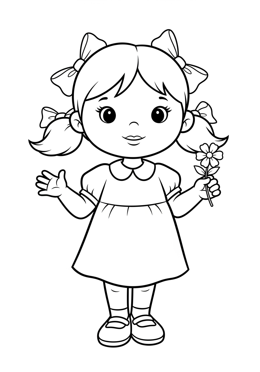 Desenho de Menina segurando flor para colorir