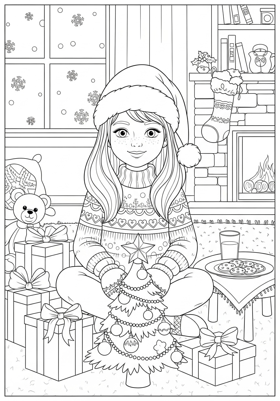 Desenho de Menina com árvore de Natal para colorir
