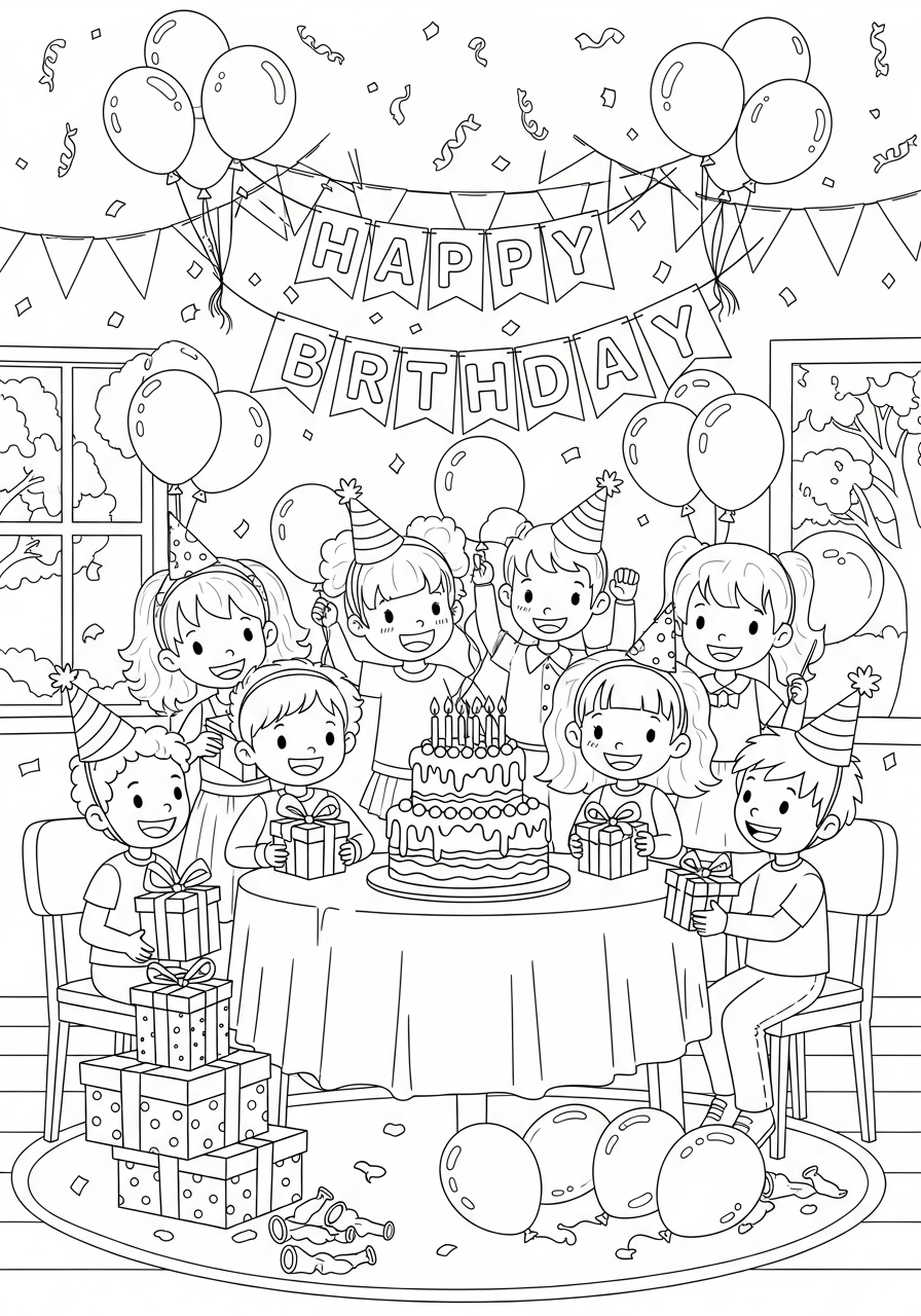 Desenho de Meninas e Meninos em festa de aniversário para colorir