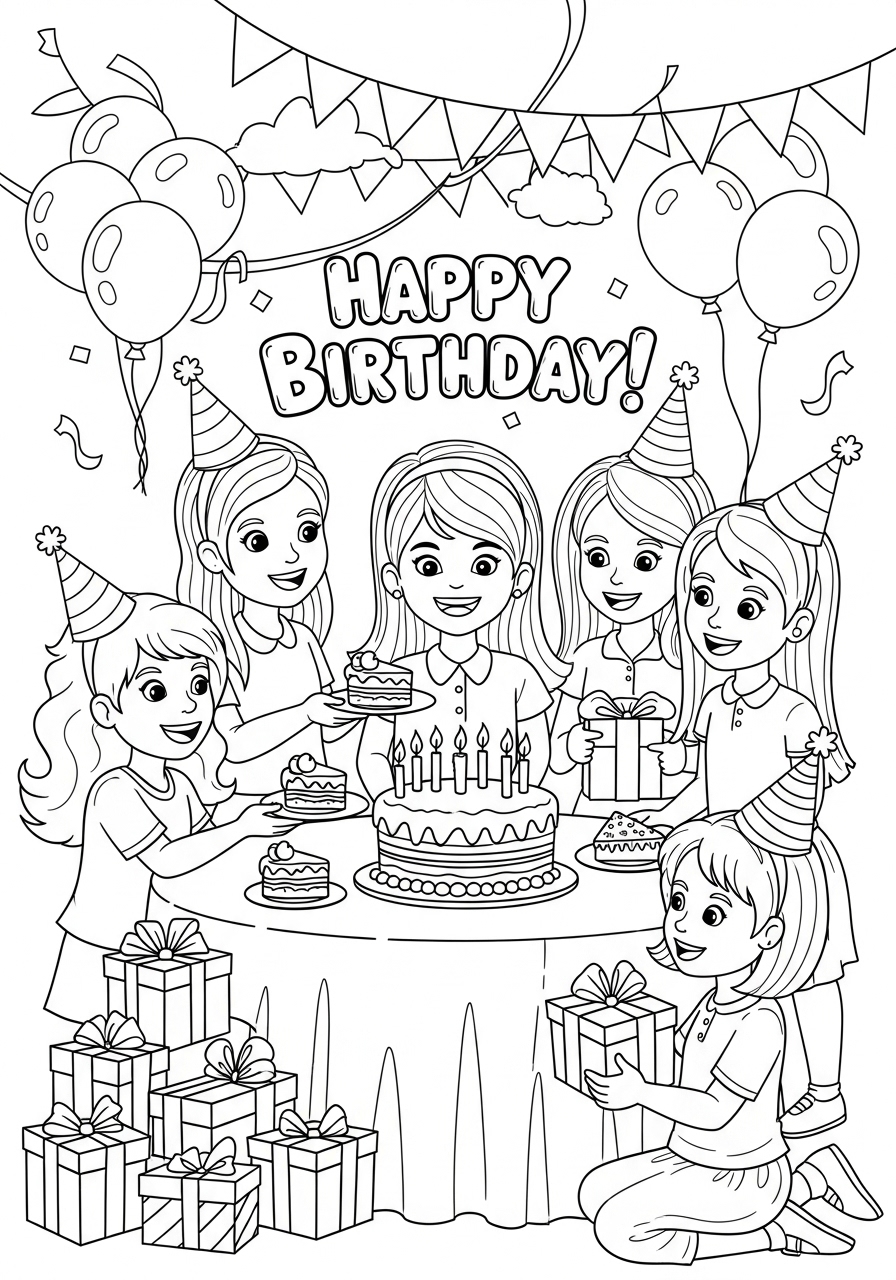 Desenho de Meninas comemorando aniversário para colorir