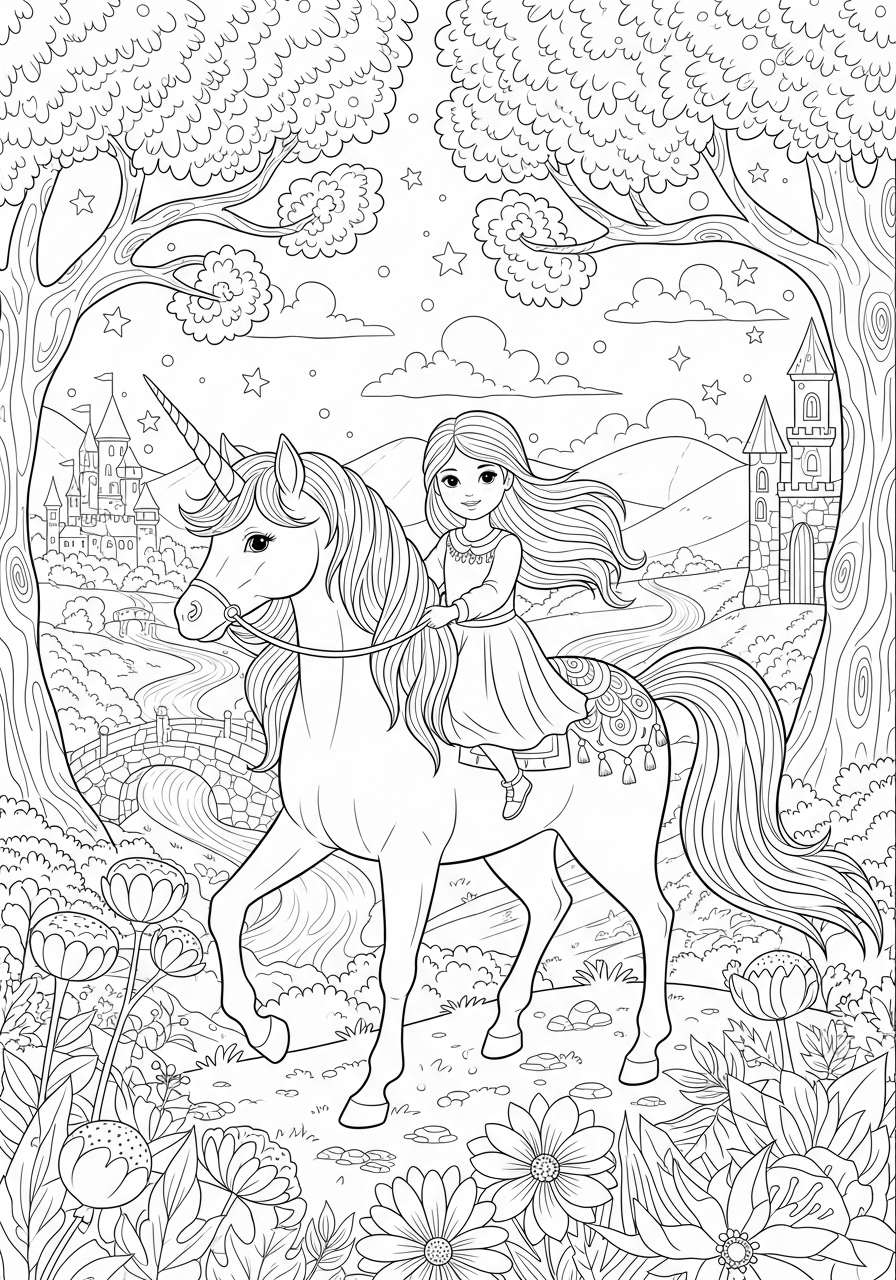 Desenho de Menina montando um unicórnio para colorir