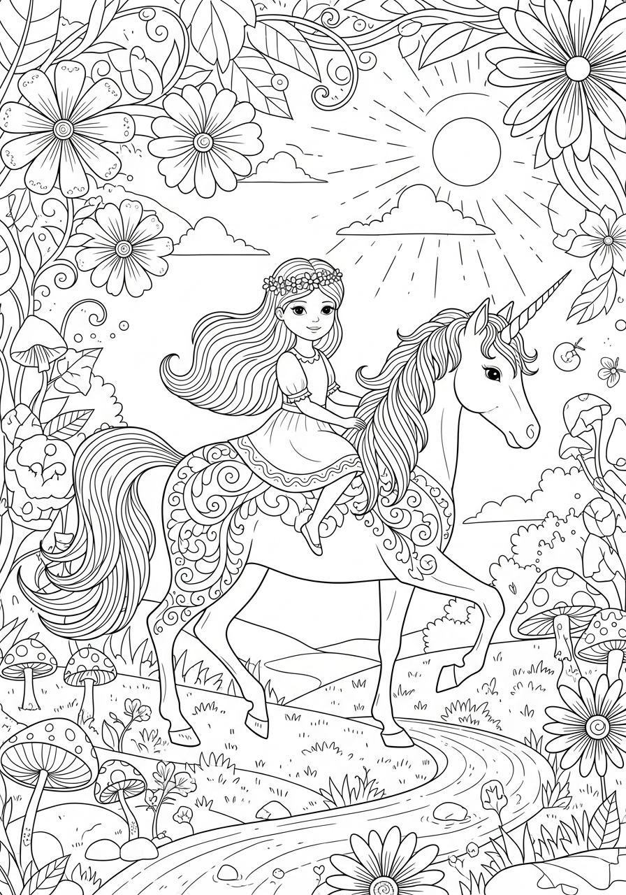 Desenho de Menina montando um unicórnio para colorir