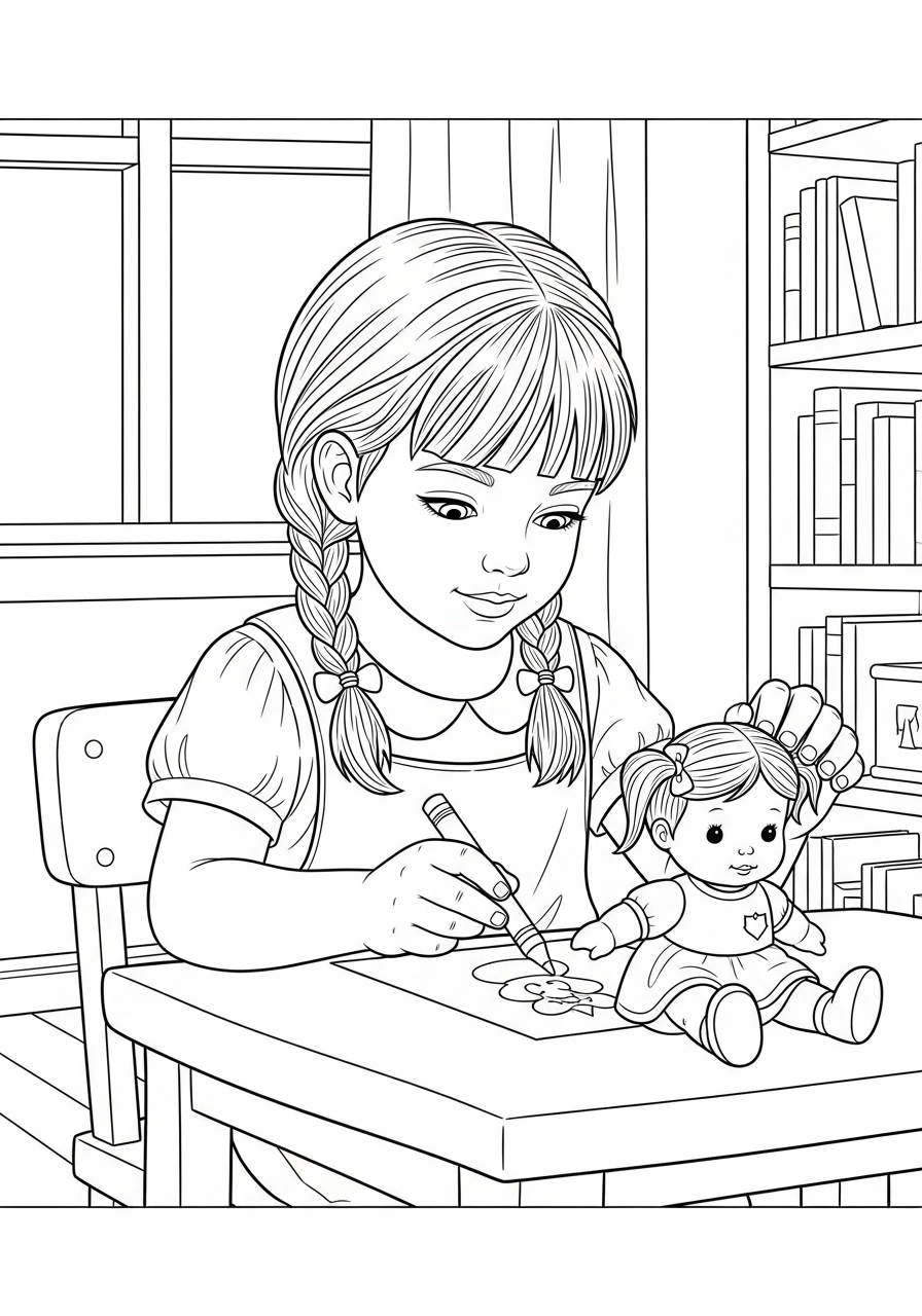 Desenho de Menina colorindo com boneca em cima da mesa