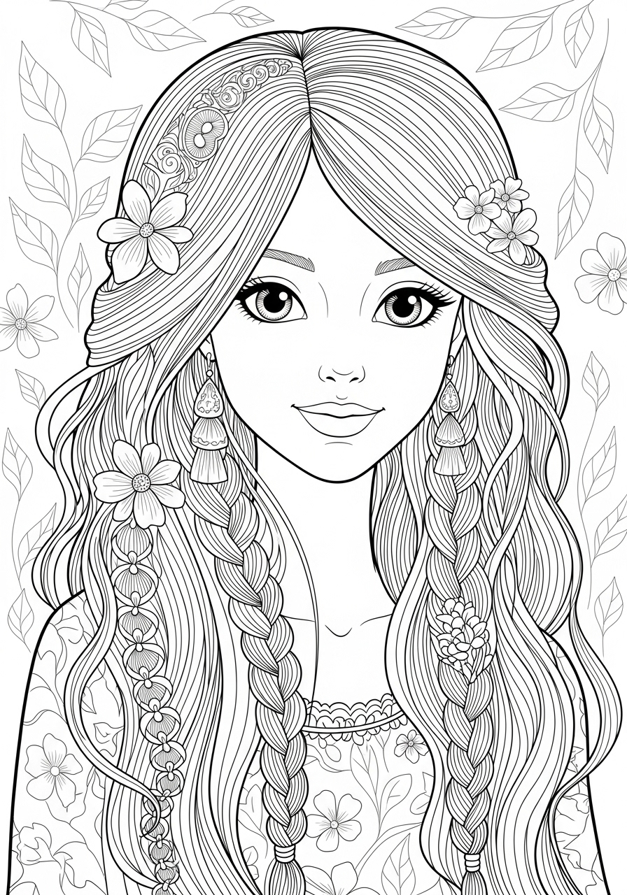 Desenho de Menina com cabelos longos e flores para colorir