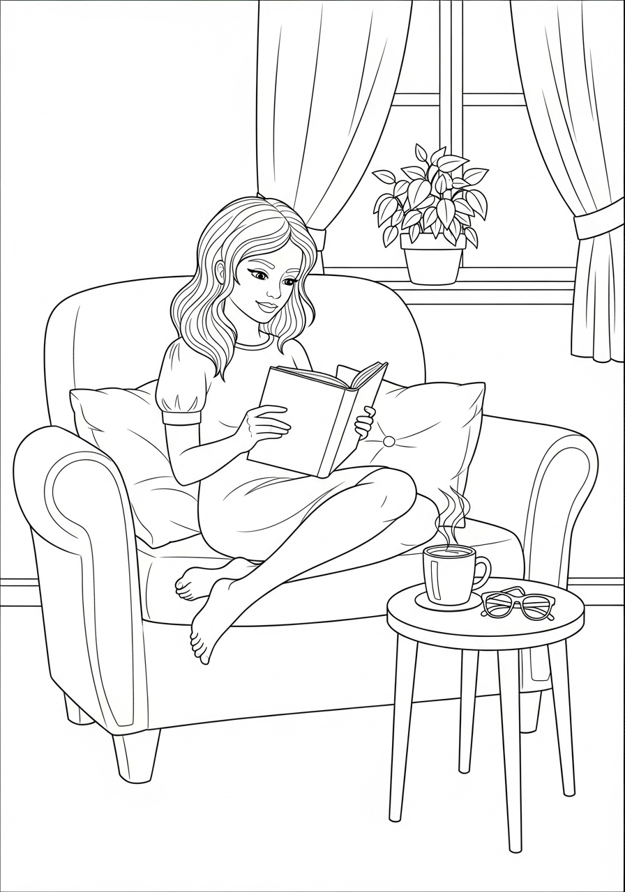 Desenho de Menina lendo livro no sofá para colorir