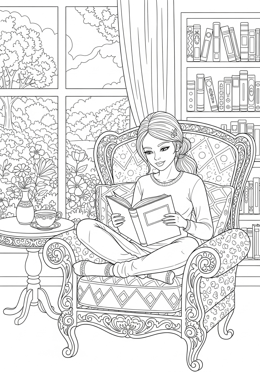 Desenho de Menina lendo no sofá para colorir