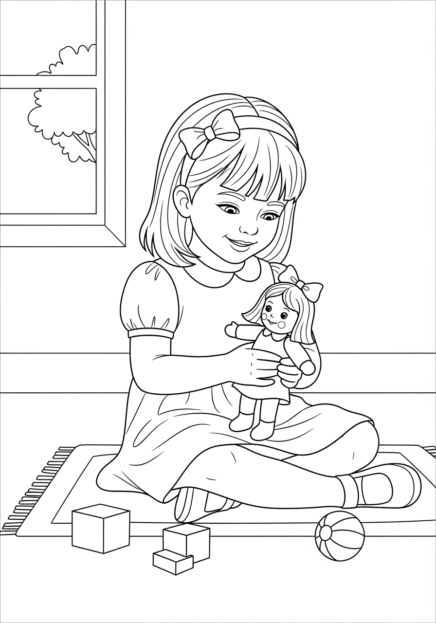 Desenho de Menina brincando com boneca e blocos para colorir