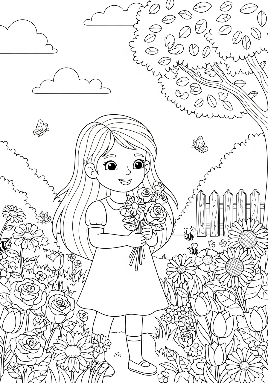 Desenho de Menina segurando flores em um jardim para colorir