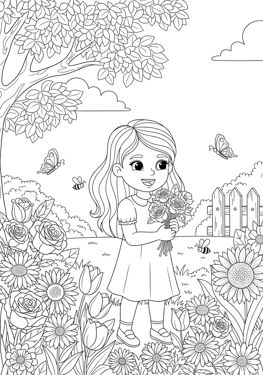 Desenho de Menina segurando flores no jardim para colorir