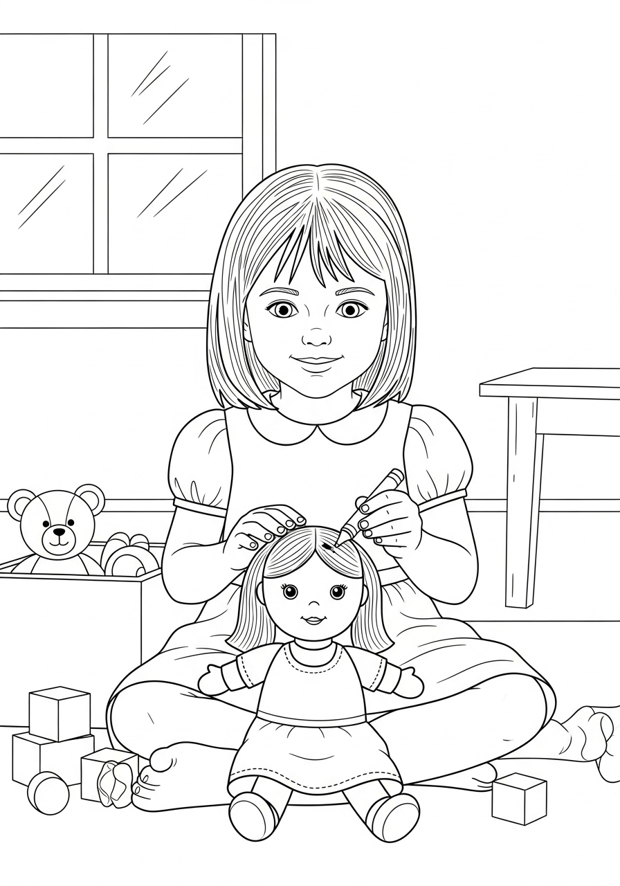 Desenho de Menina penteando sua boneca para colorir
