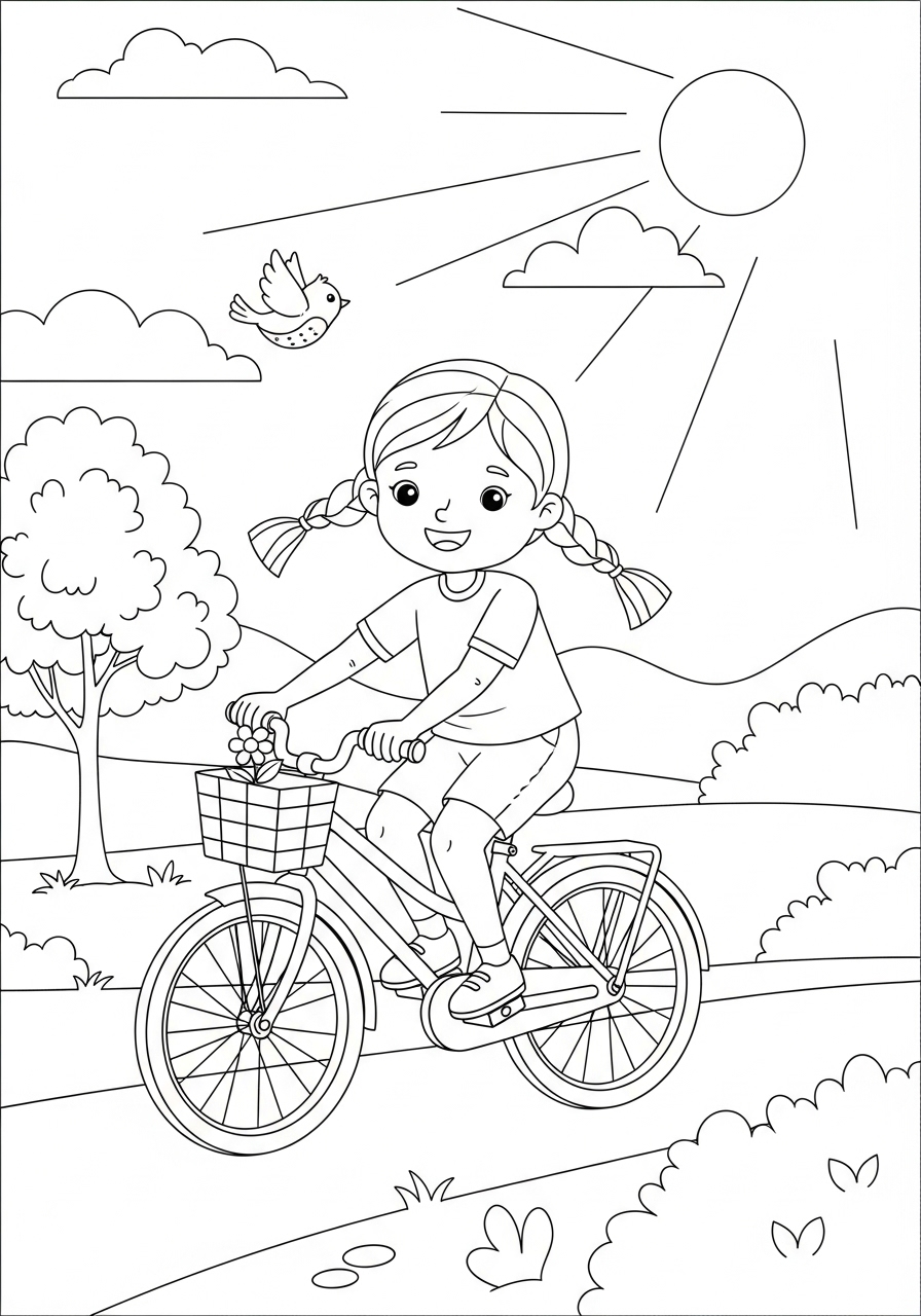 Desenho de Menina andando de bicicleta para Colorir