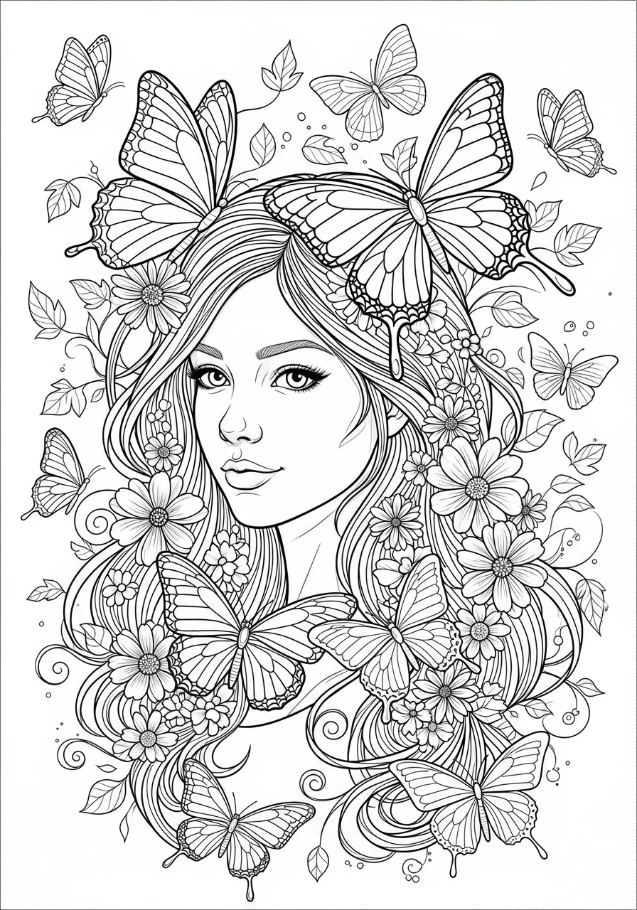 Desenho de Menina com flores e borboletas para colorir