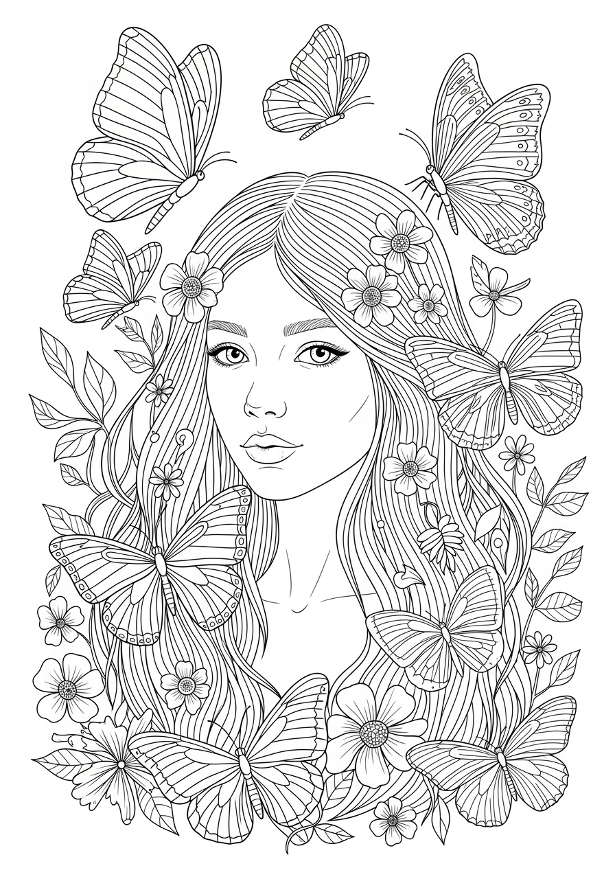 Desenho de Menina com borboletas e flores para colorir