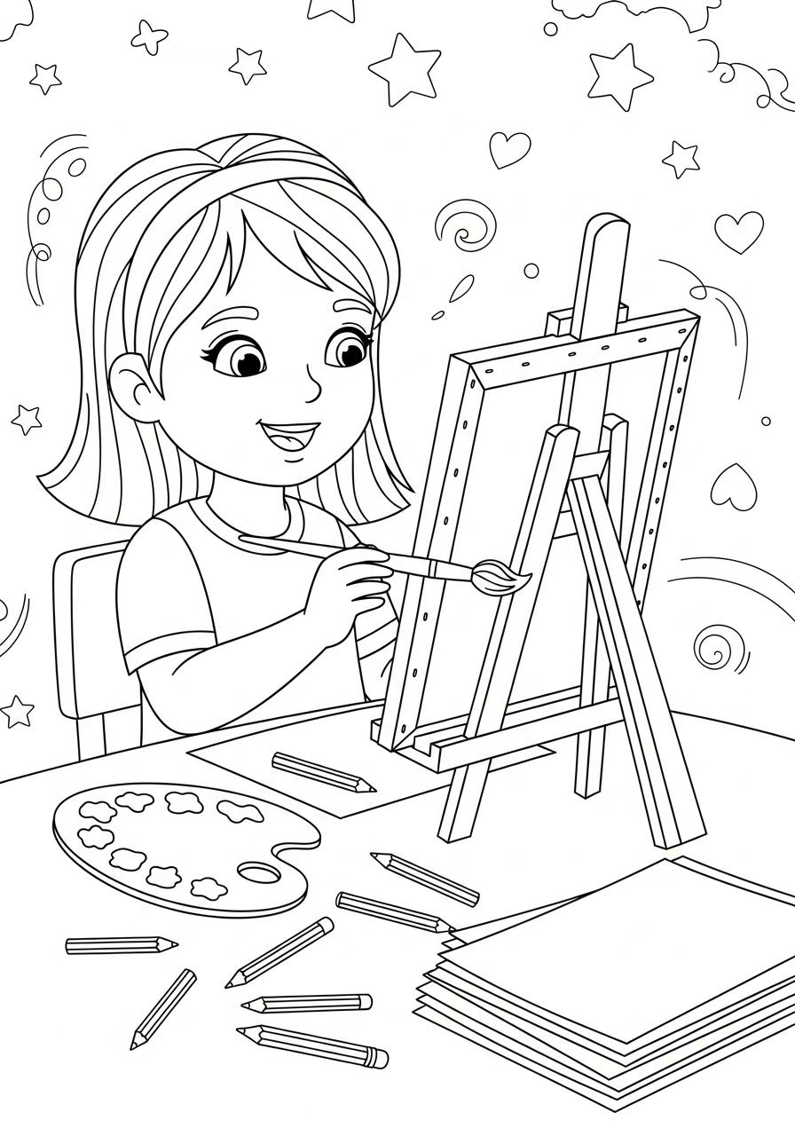 Desenho de Menina pintando em um cavalete para colorir