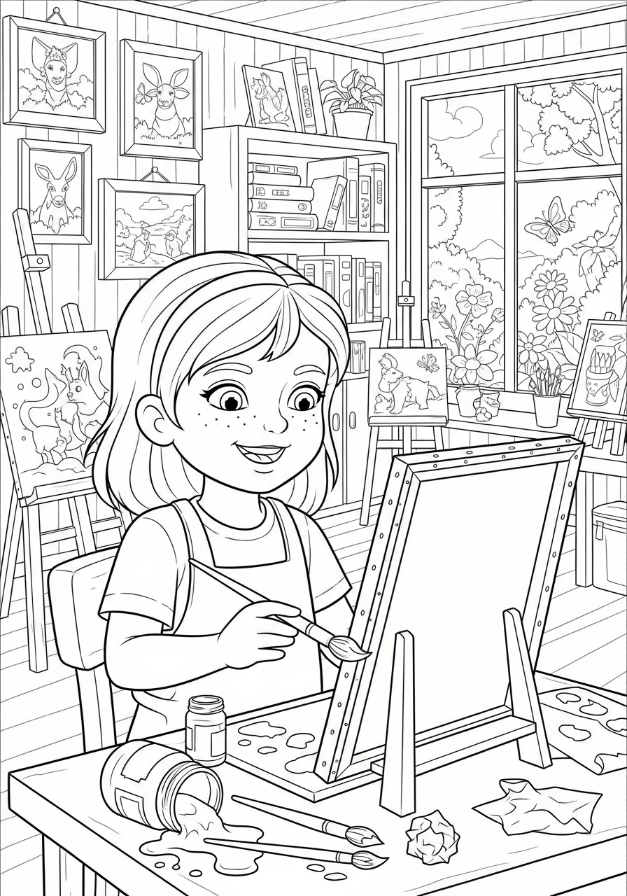 Desenho de Menina pintando em um ateliê para colorir