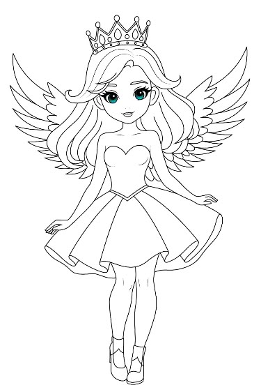 Desenho de Menina fada com asas e coroa para colorir