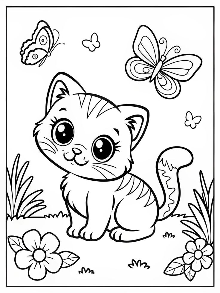 Desenho de Menina com gato e borboletas para colorir