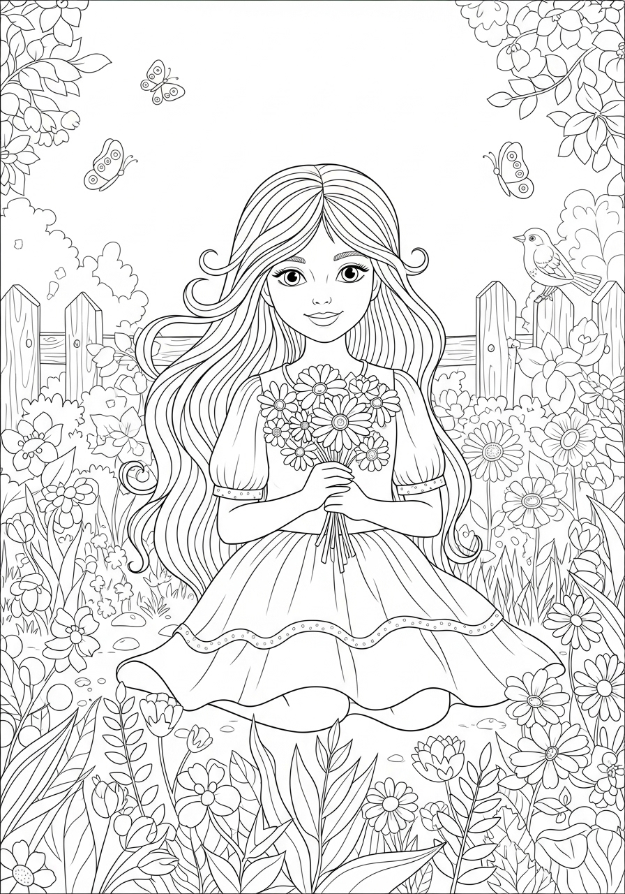Desenho de Menina com flores sentada no jardim para colorir
