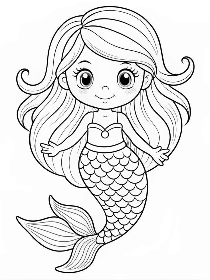 Desenho de Menina Sereia com cabelo longo para colorir