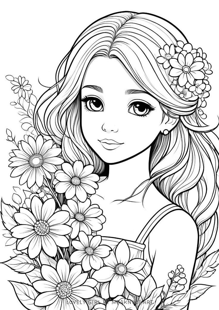 Desenho de Menina com flores para colorir