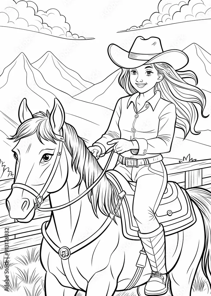 Desenho de Menina montando cavalo em paisagem para colorir
