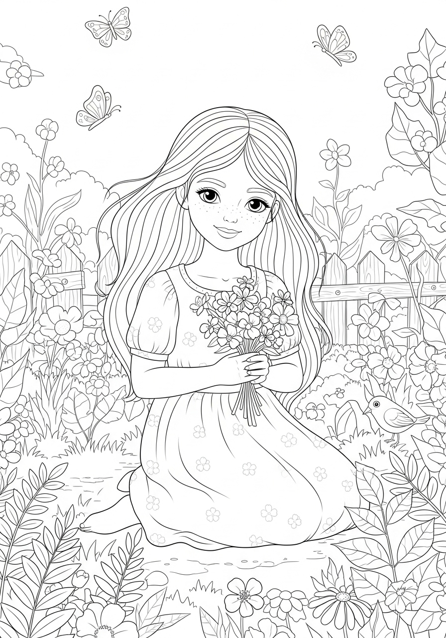Desenho de Menina com flores no jardim para colorir