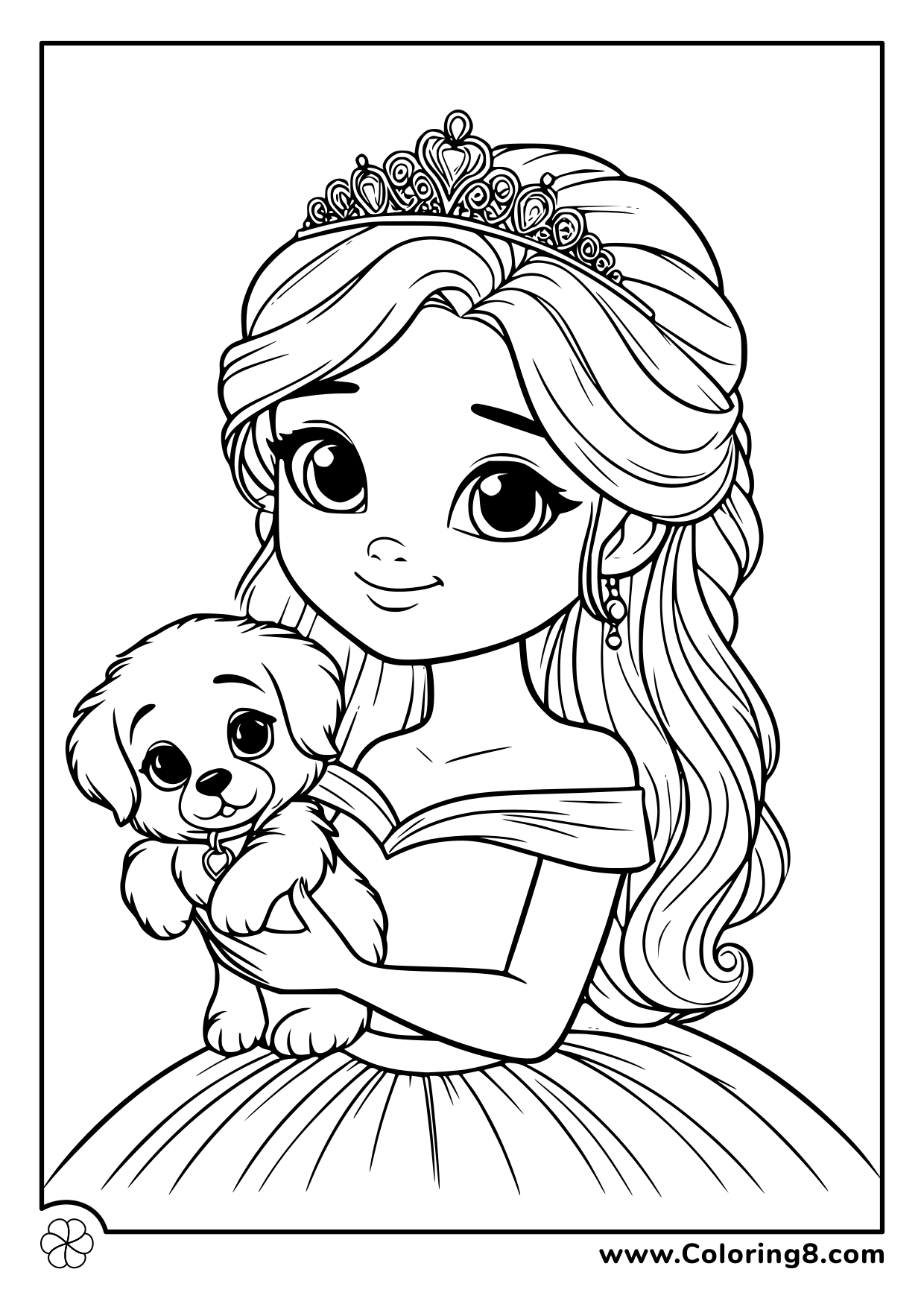Desenho de Menina com vestido de princesa e cachorro para colorir