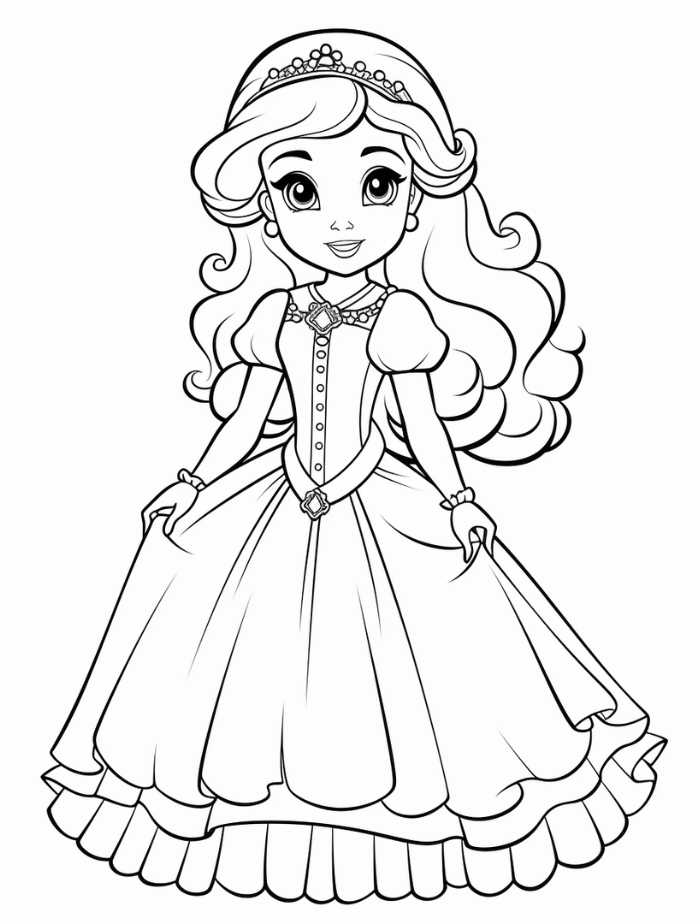 Desenho de Menina com vestido elegante para colorir