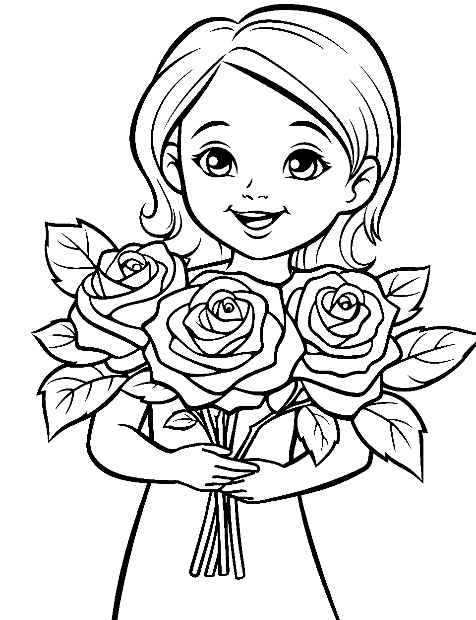 Desenho de Menina segurando rosas para colorir