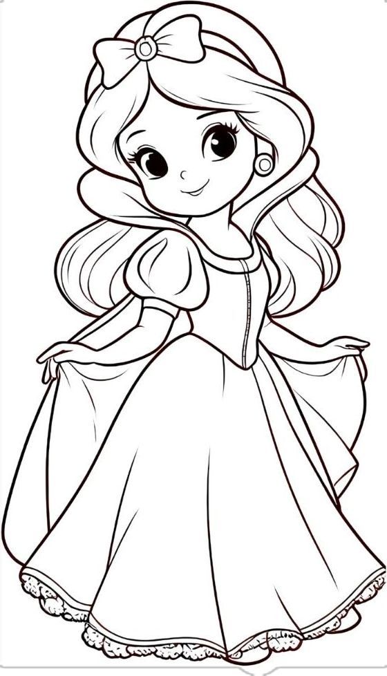 Desenho de Menina com vestido longo e laço para colorir
