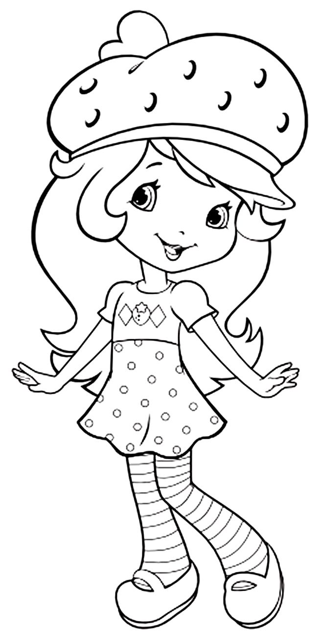 Desenho de Menina sorrindo com chapéu de morango para colorir