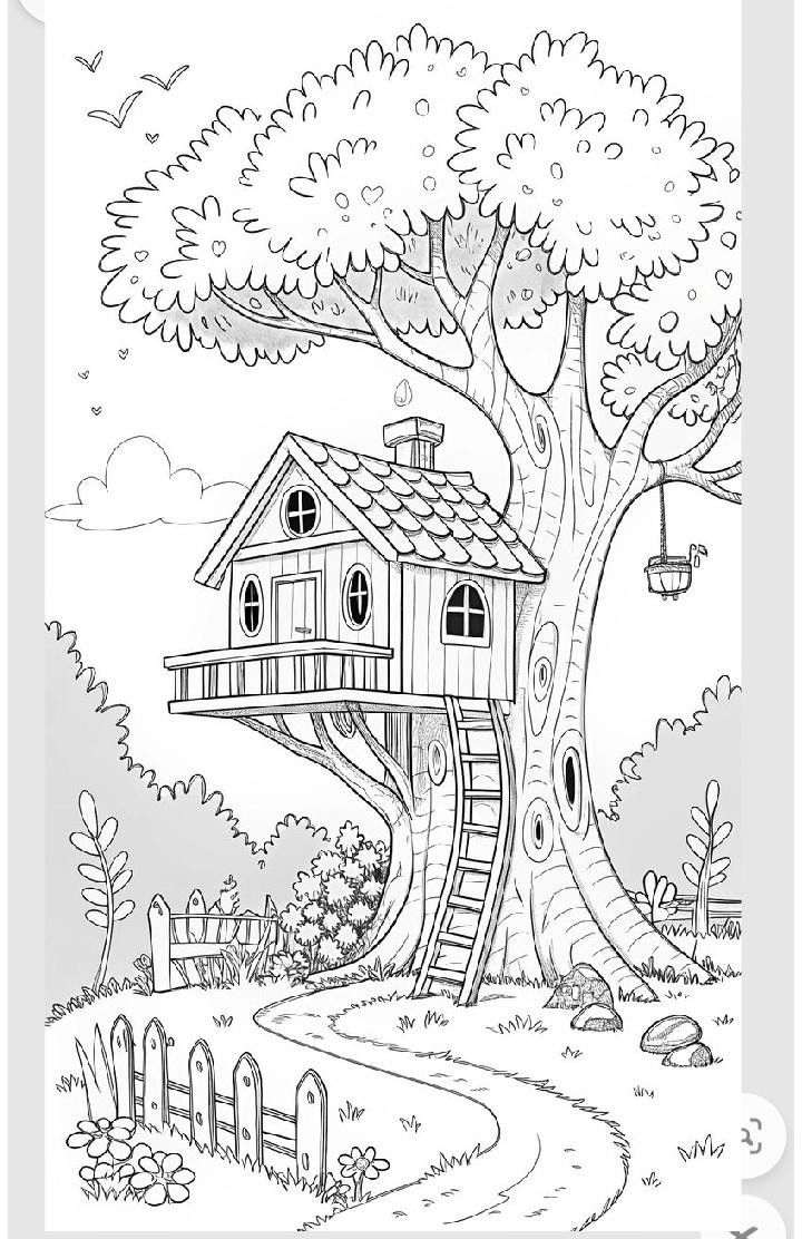 Desenho de casa na árvore em meio à natureza para colorir