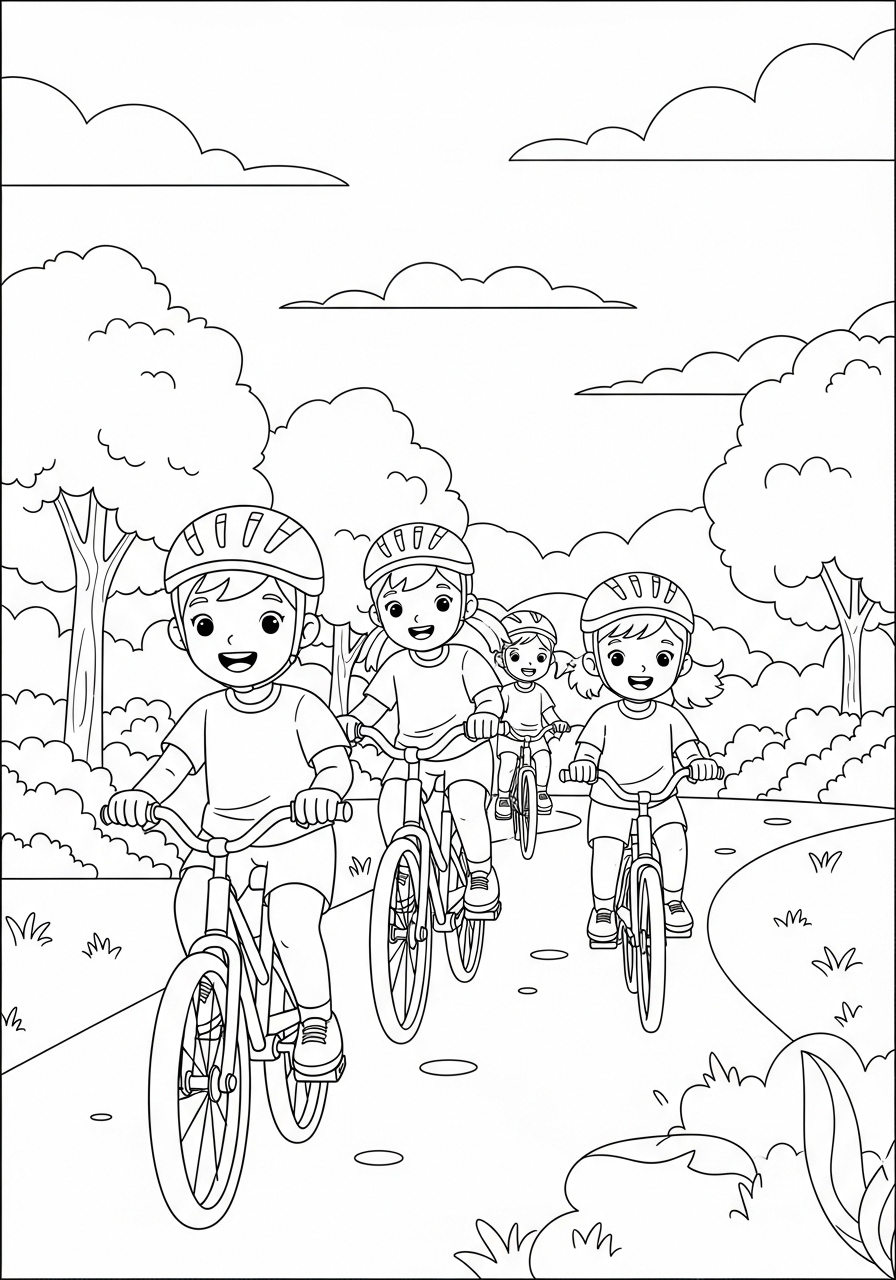 Desenho de Meninos andando de bicicleta no parque para colorir