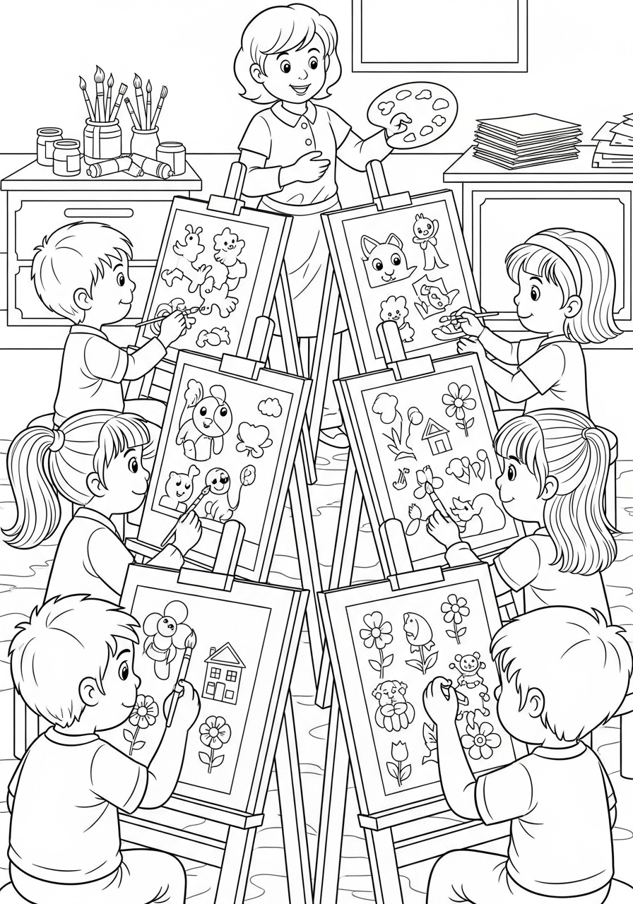 Desenho de Meninos pintando na aula de arte para colorir