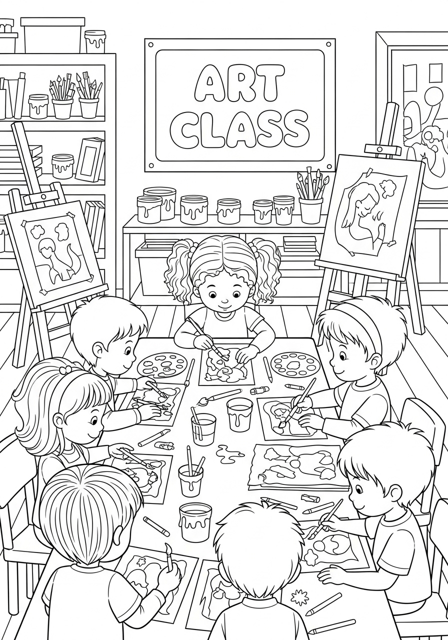 Desenho de crianças pintando na aula de arte para colorir
