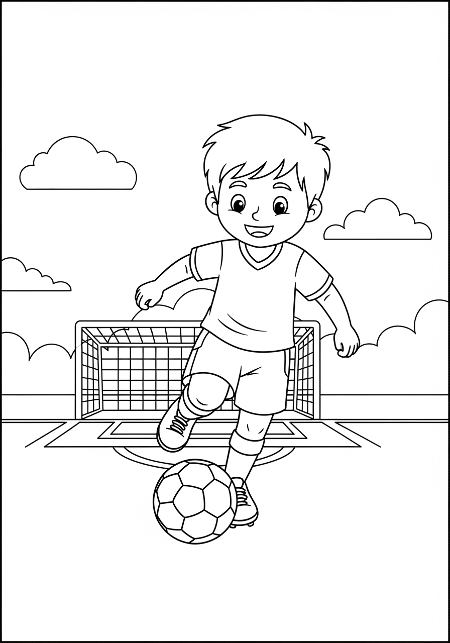 Desenho de Menino jogando futebol com bola para colorir