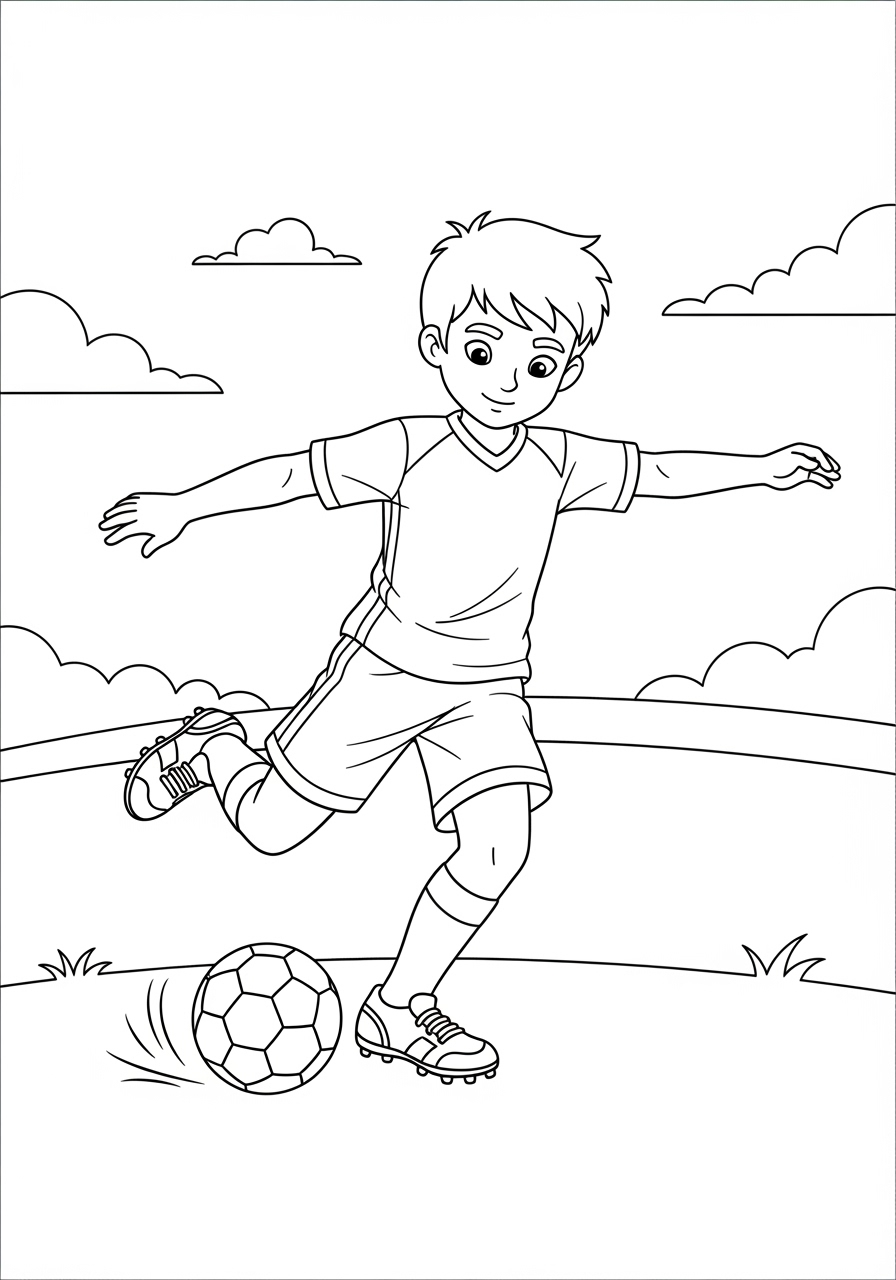 Desenho de Menino jogando futebol no campo para colorir