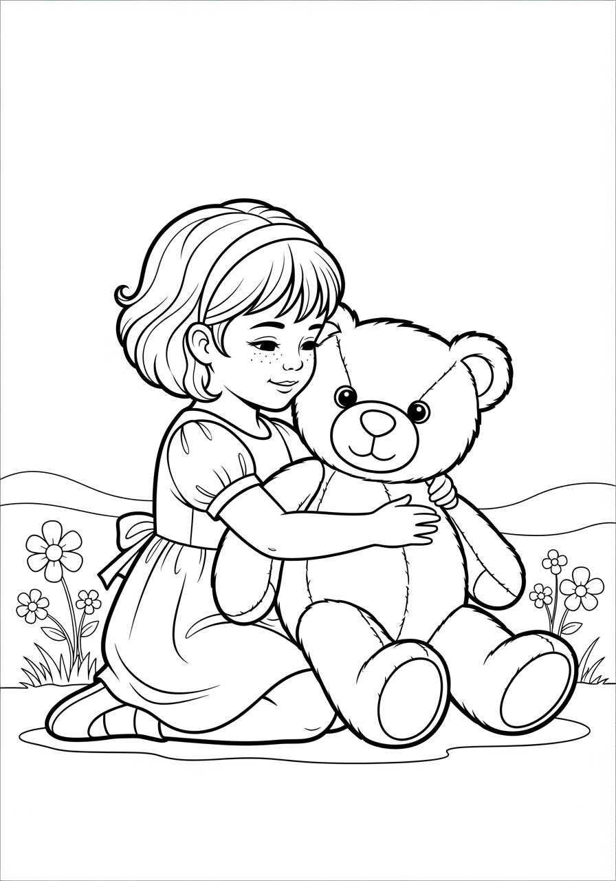 Desenho de Menina abraçando ursinho de pelúcia para colorir