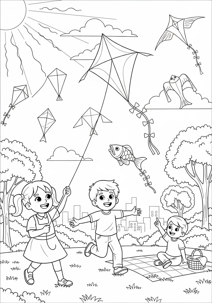 Desenho de Meninos empinando pipas no parque para colorir