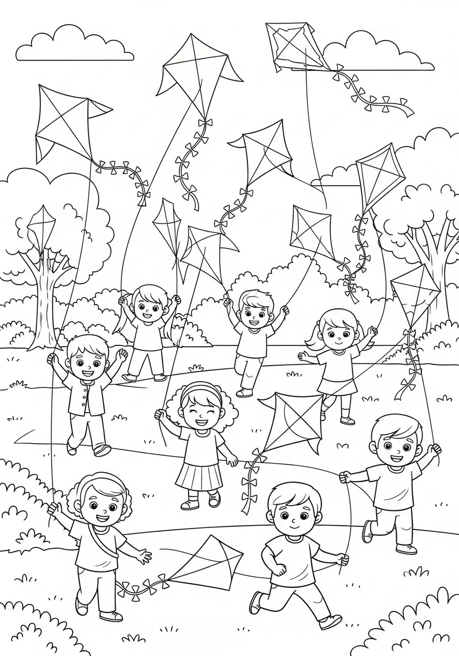 Desenho de Meninos empinando pipas no parque para colorir