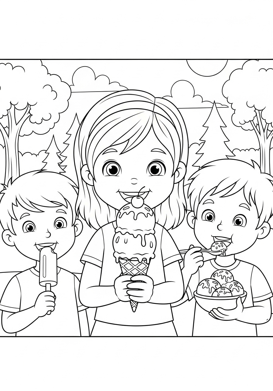 Desenho de Meninos tomando sorvete no parque para colorir